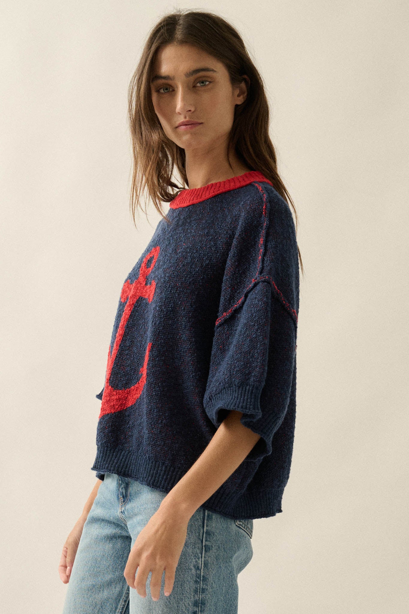 Anchors Up Jacquard-Knit Short-Sleeve Sweater - ShopPromesa