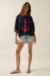 Anchors Up Jacquard-Knit Short-Sleeve Sweater - ShopPromesa