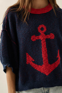 Anchors Up Jacquard-Knit Short-Sleeve Sweater - ShopPromesa