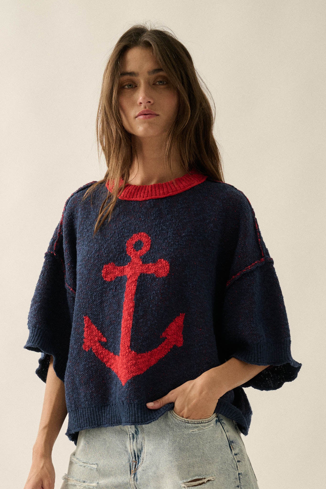 Anchors Up Jacquard-Knit Short-Sleeve Sweater - ShopPromesa