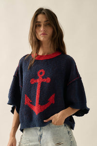Anchors Up Jacquard-Knit Short-Sleeve Sweater - ShopPromesa