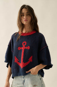 Anchors Up Jacquard-Knit Short-Sleeve Sweater - ShopPromesa