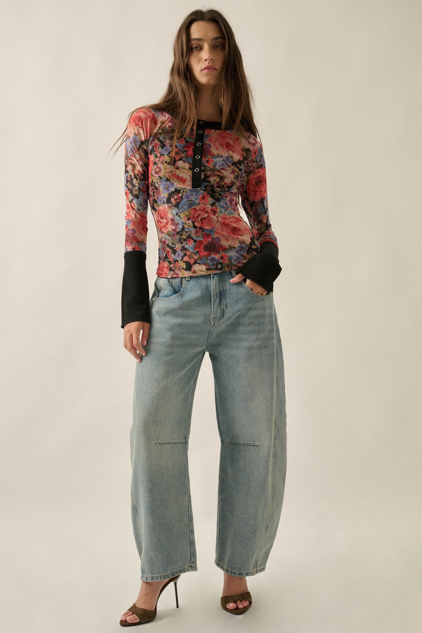 Full of Joy Floral Mesh Raglan Henley Top - ShopPromesa