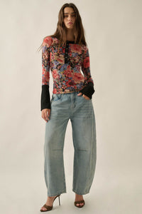 Full of Joy Floral Mesh Raglan Henley Top - ShopPromesa