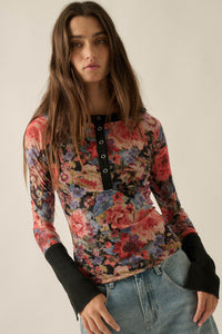 Full of Joy Floral Mesh Raglan Henley Top - ShopPromesa