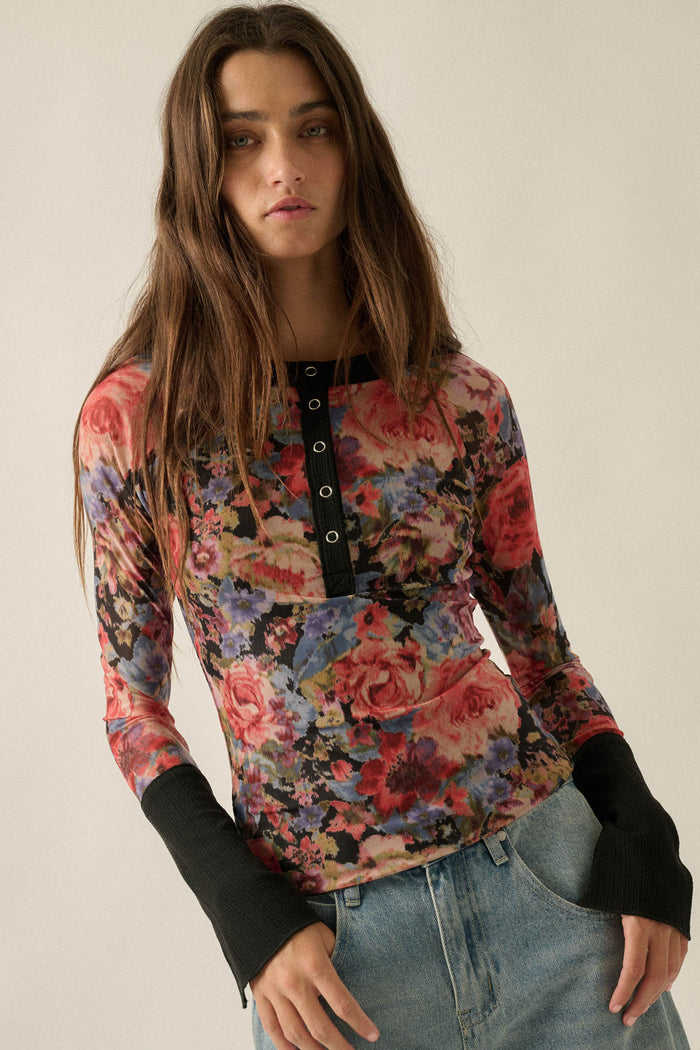 Full of Joy Floral Mesh Raglan Henley Top - ShopPromesa