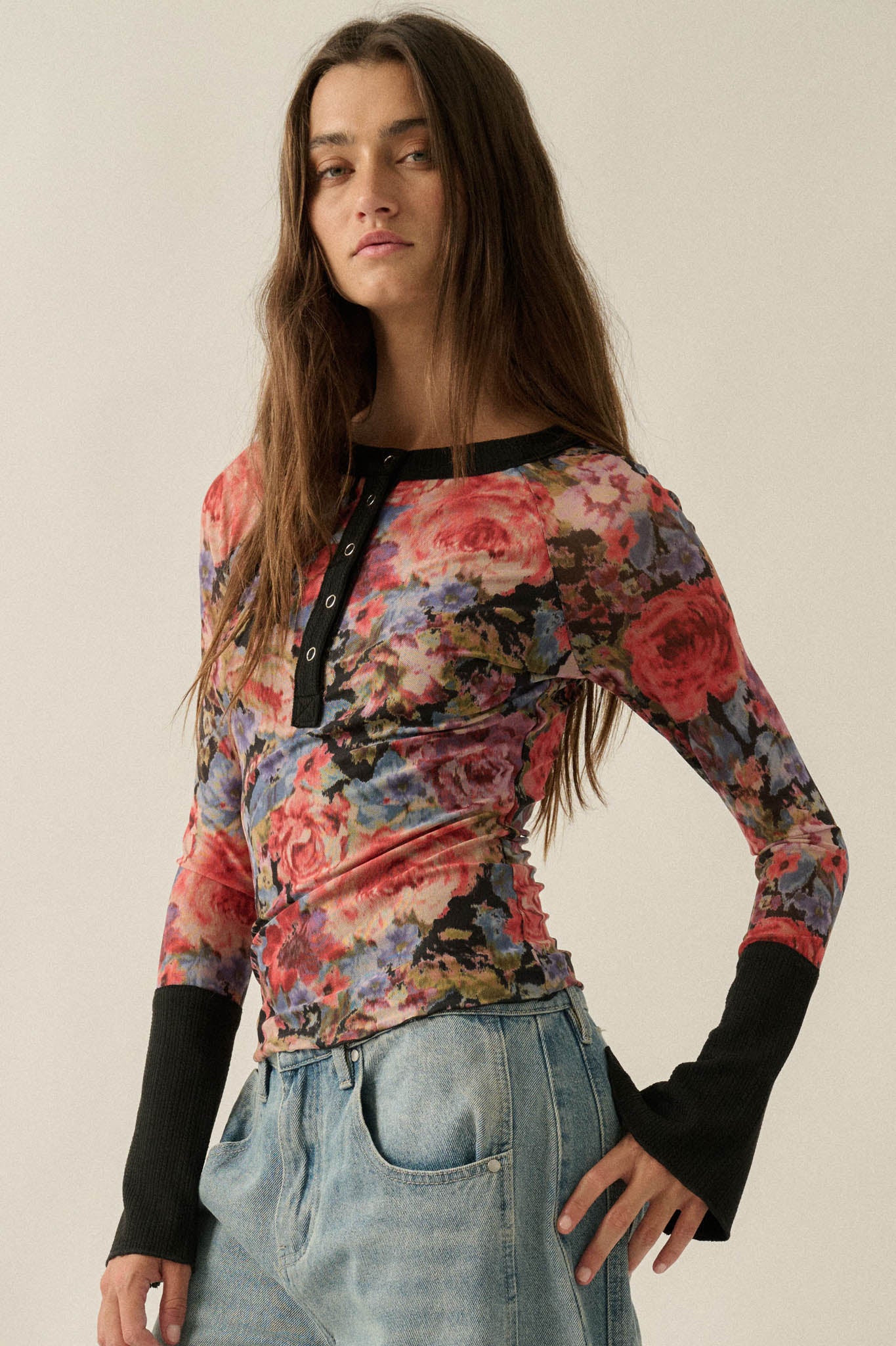 Full of Joy Floral Mesh Raglan Henley Top - ShopPromesa