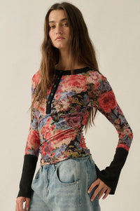 Full of Joy Floral Mesh Raglan Henley Top - ShopPromesa