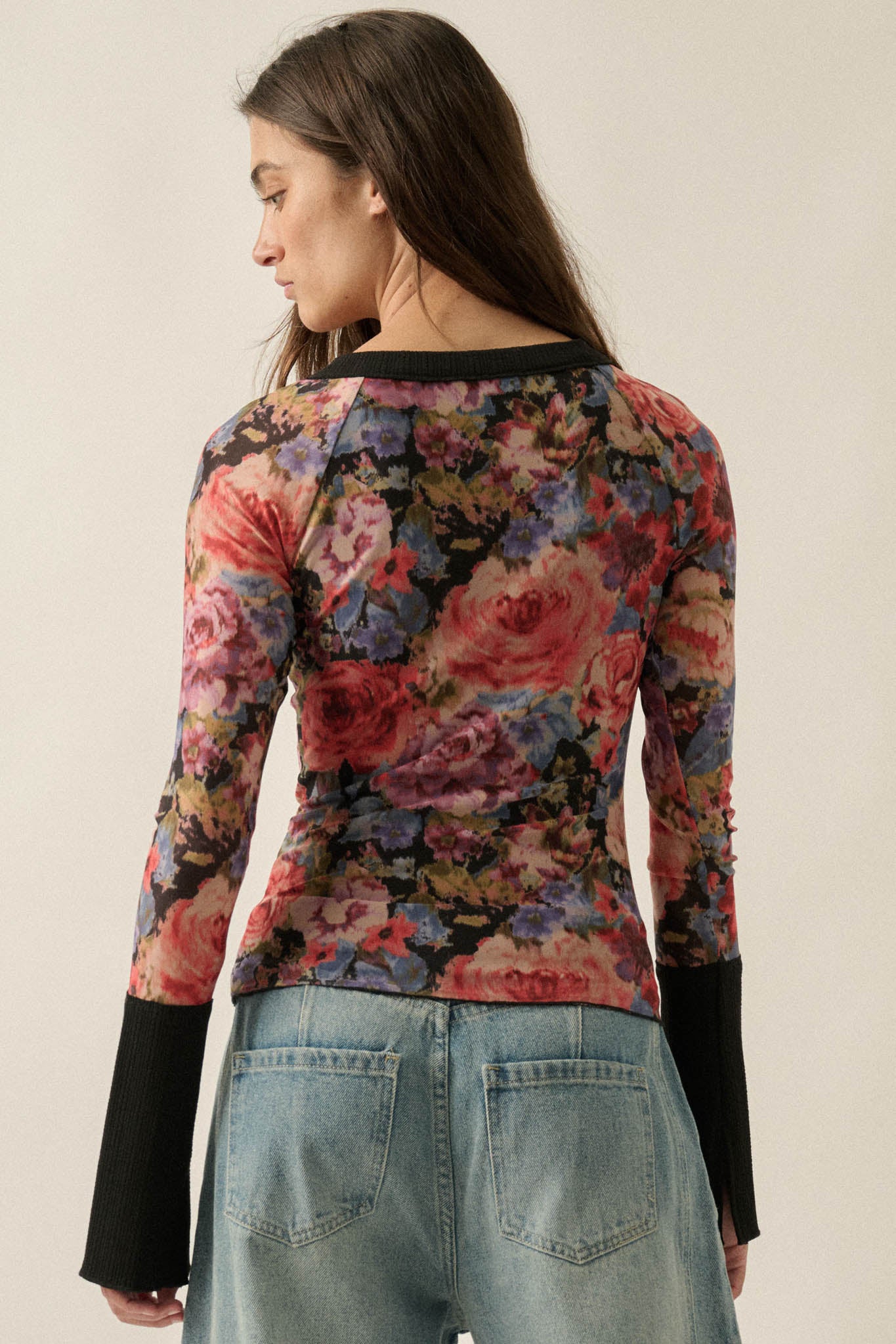 Full of Joy Floral Mesh Raglan Henley Top - ShopPromesa