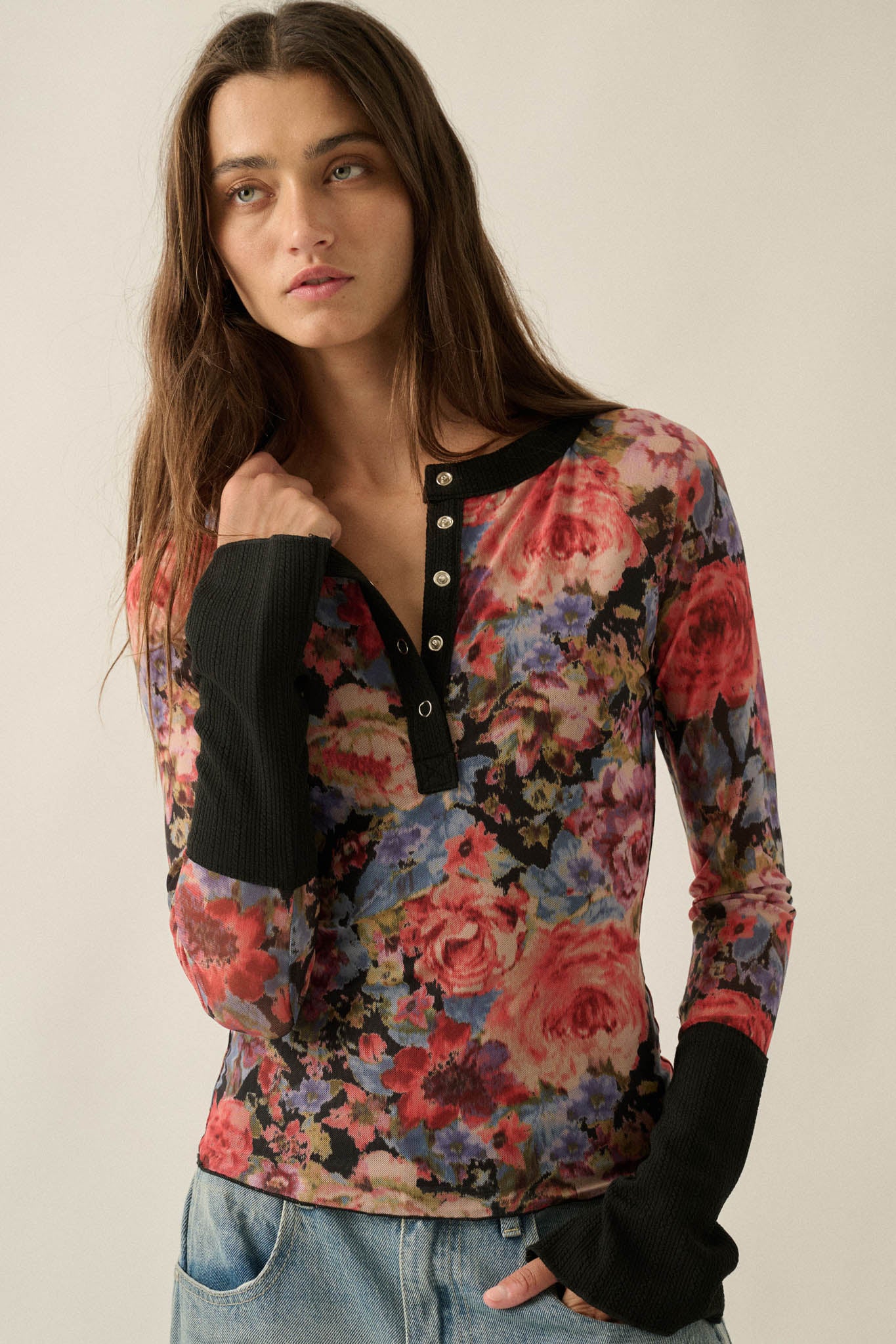 Full of Joy Floral Mesh Raglan Henley Top - ShopPromesa