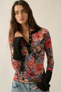 Full of Joy Floral Mesh Raglan Henley Top - ShopPromesa
