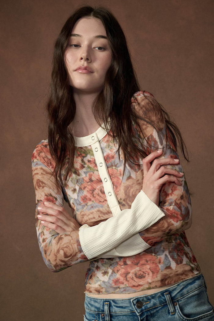 Full of Joy Floral Mesh Raglan Henley Top - ShopPromesa