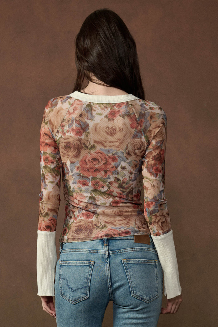 Full of Joy Floral Mesh Raglan Henley Top - ShopPromesa