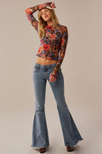 Blossoming Joy Floral Mesh Mock-Neck Thumbhole Top - ShopPromesa