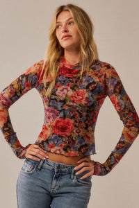 Blossoming Joy Floral Mesh Mock-Neck Thumbhole Top - ShopPromesa