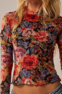 Blossoming Joy Floral Mesh Mock-Neck Thumbhole Top - ShopPromesa