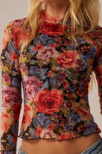 Blossoming Joy Floral Mesh Mock-Neck Thumbhole Top - ShopPromesa