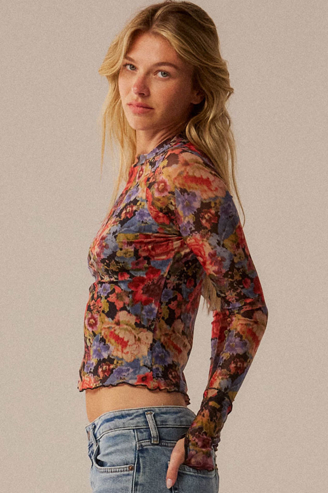 Blossoming Joy Floral Mesh Mock-Neck Thumbhole Top - ShopPromesa
