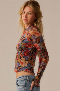 Blossoming Joy Floral Mesh Mock-Neck Thumbhole Top - ShopPromesa
