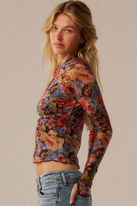 Blossoming Joy Floral Mesh Mock-Neck Thumbhole Top - ShopPromesa