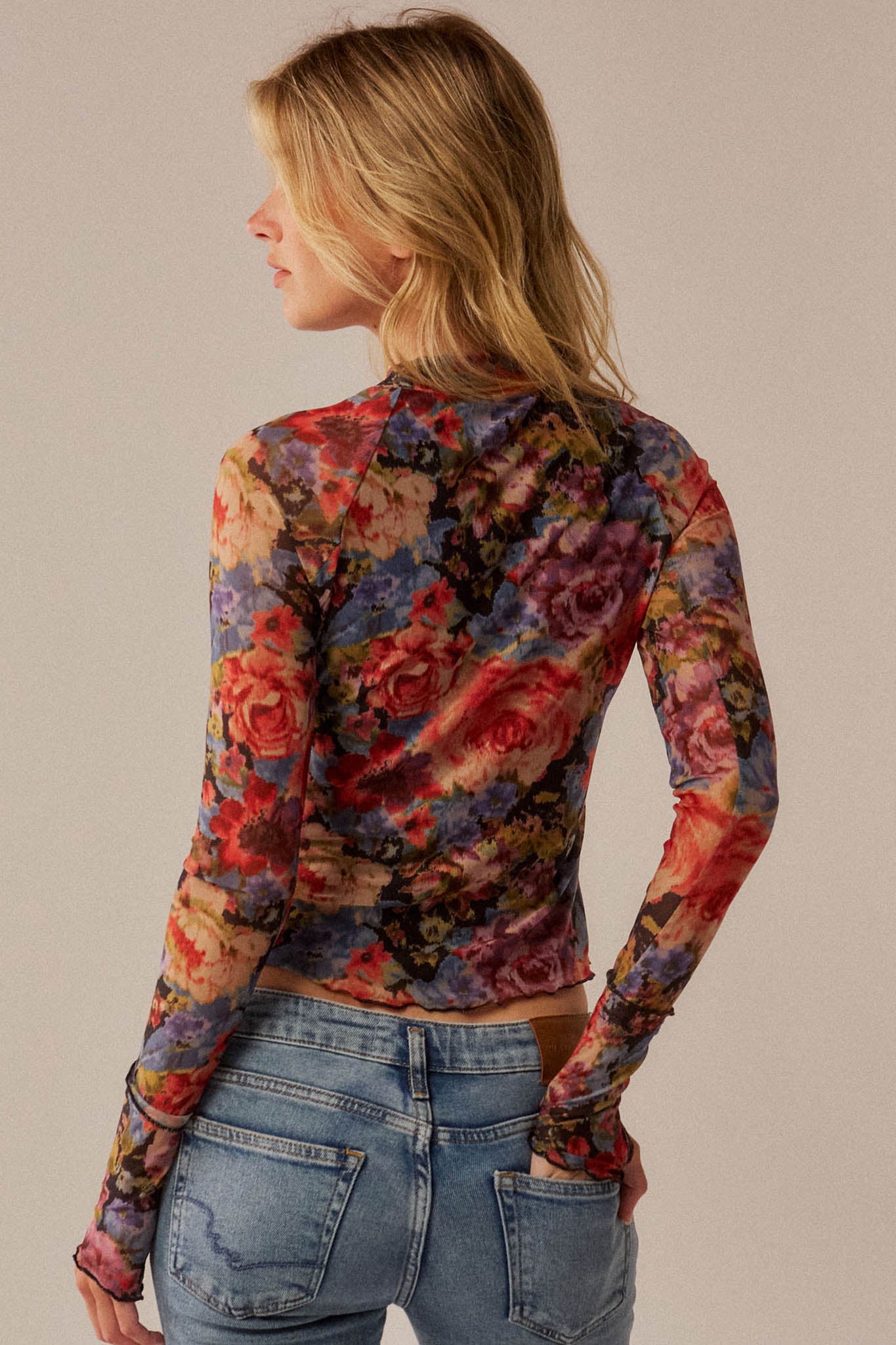 Blossoming Joy Floral Mesh Mock-Neck Thumbhole Top - ShopPromesa
