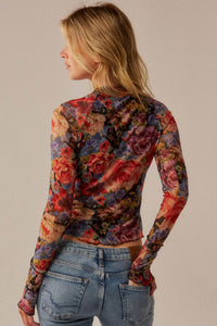 Blossoming Joy Floral Mesh Mock-Neck Thumbhole Top - ShopPromesa