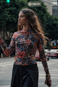 Blossoming Joy Floral Mesh Mock-Neck Thumbhole Top - ShopPromesa