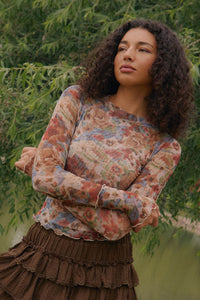 Blossoming Joy Floral Mesh Mock-Neck Thumbhole Top - ShopPromesa