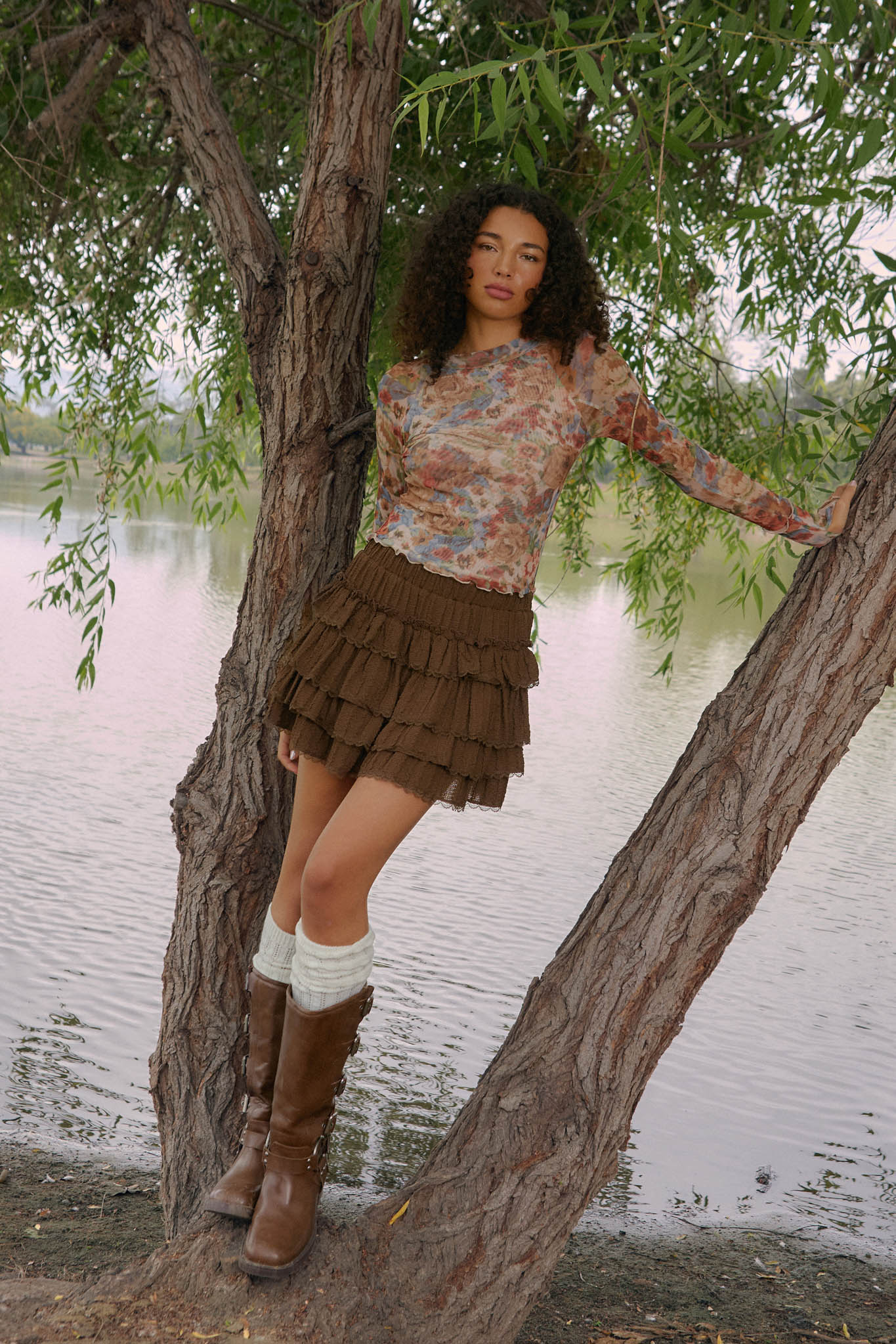 Blossoming Joy Floral Mesh Mock-Neck Thumbhole Top - ShopPromesa