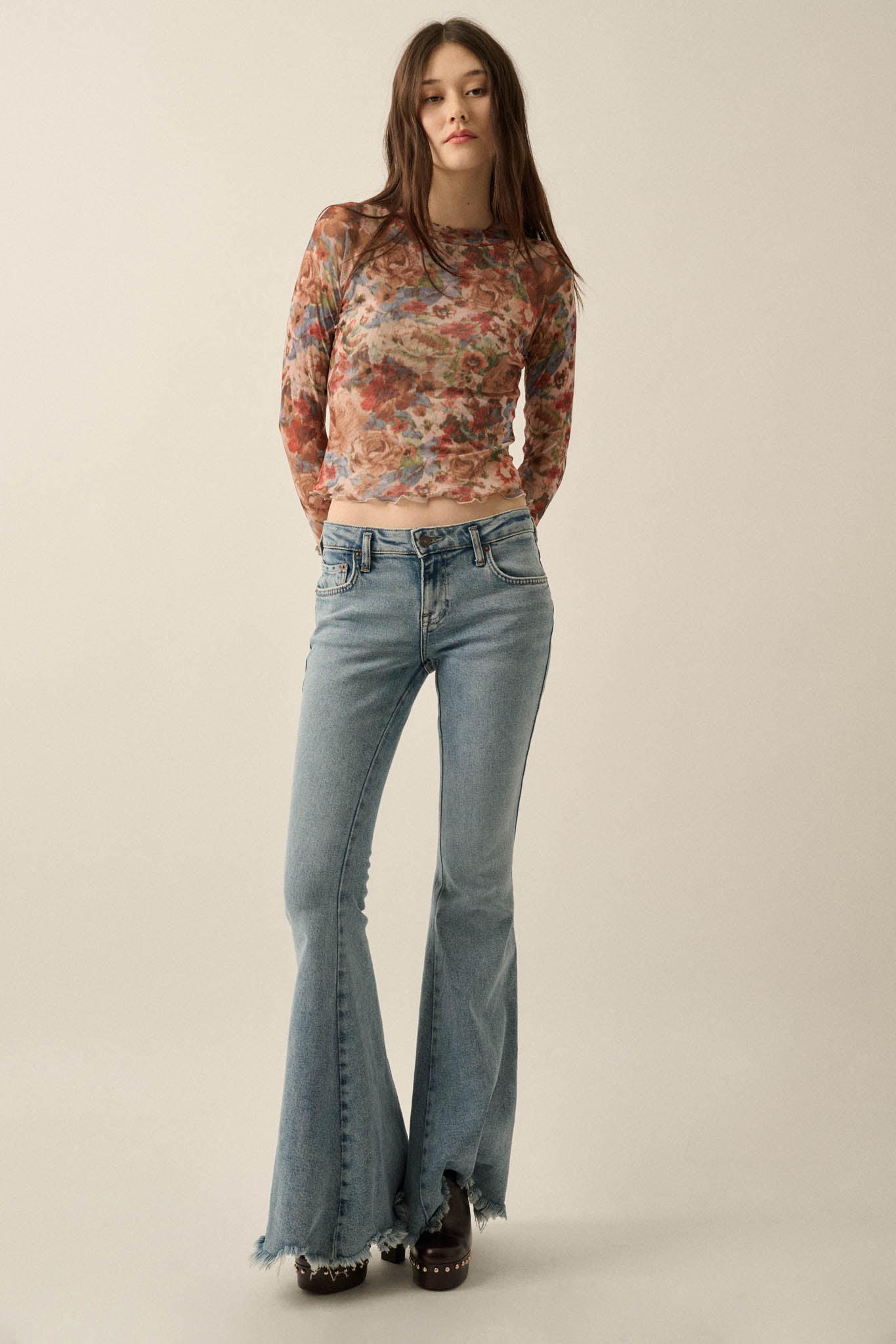 Blossoming Joy Floral Mesh Mock-Neck Thumbhole Top - ShopPromesa