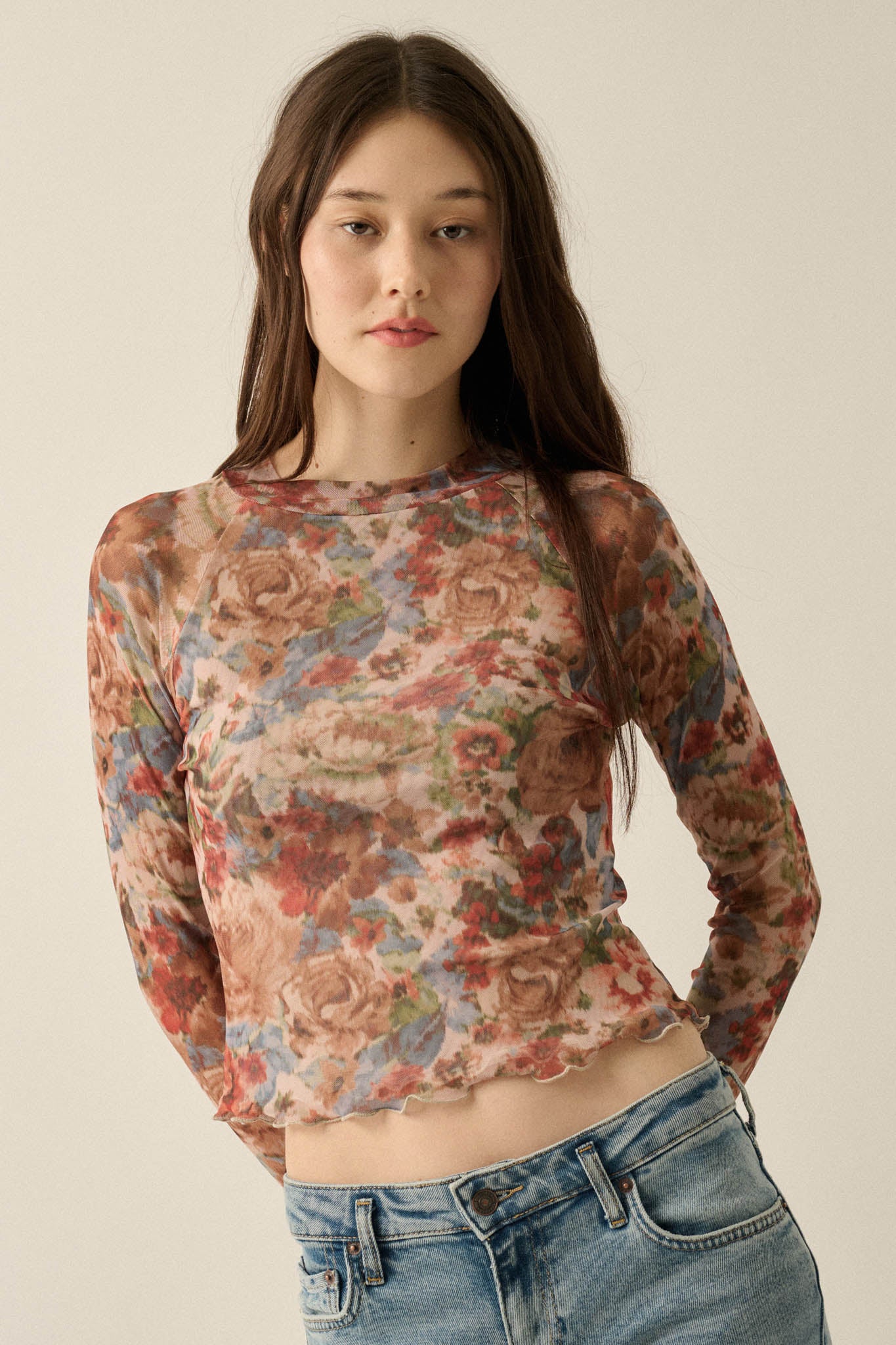Blossoming Joy Floral Mesh Mock-Neck Thumbhole Top - ShopPromesa