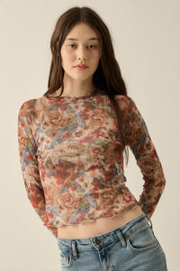 Blossoming Joy Floral Mesh Mock-Neck Thumbhole Top - ShopPromesa