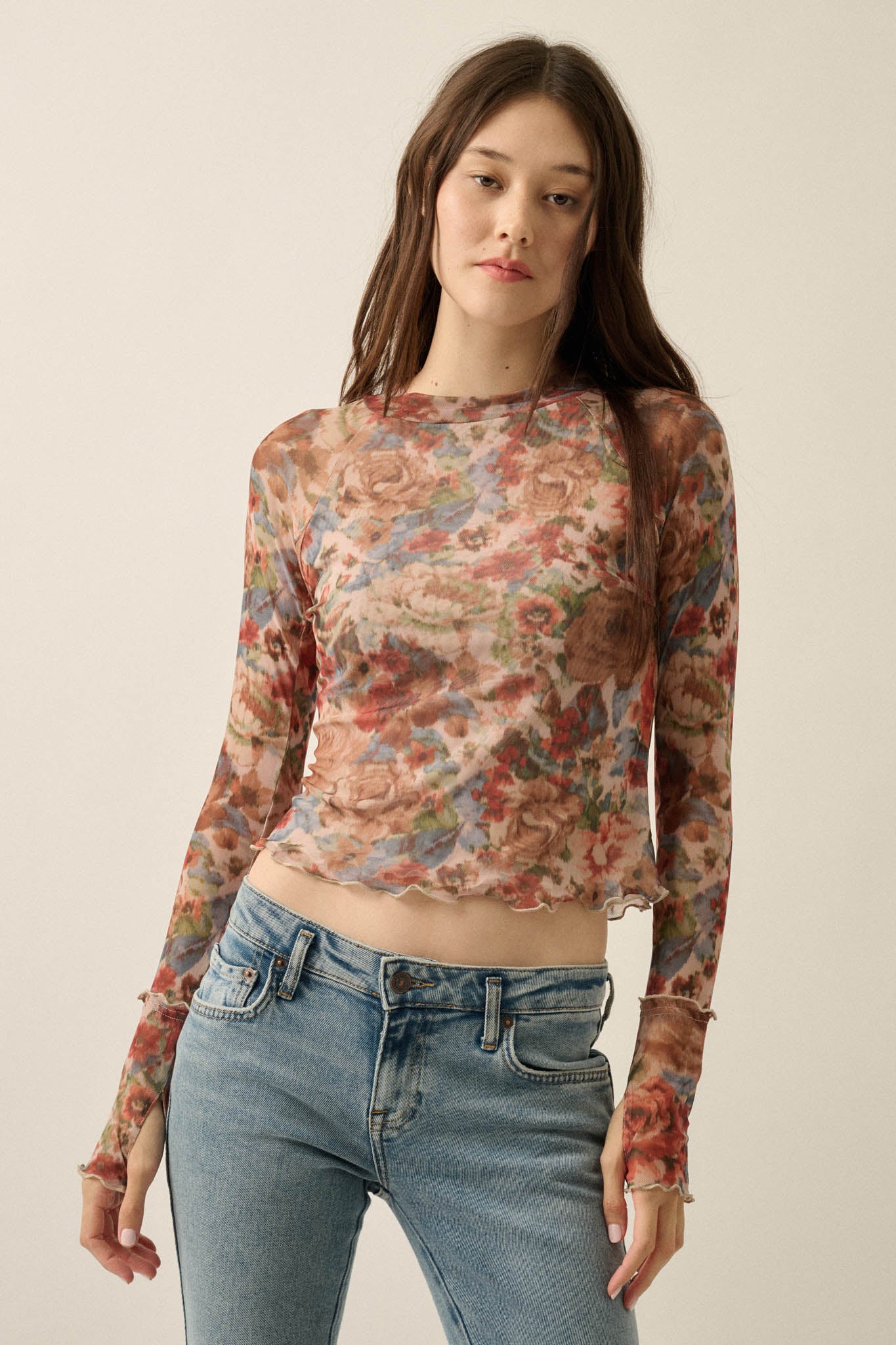 Blossoming Joy Floral Mesh Mock-Neck Thumbhole Top - ShopPromesa