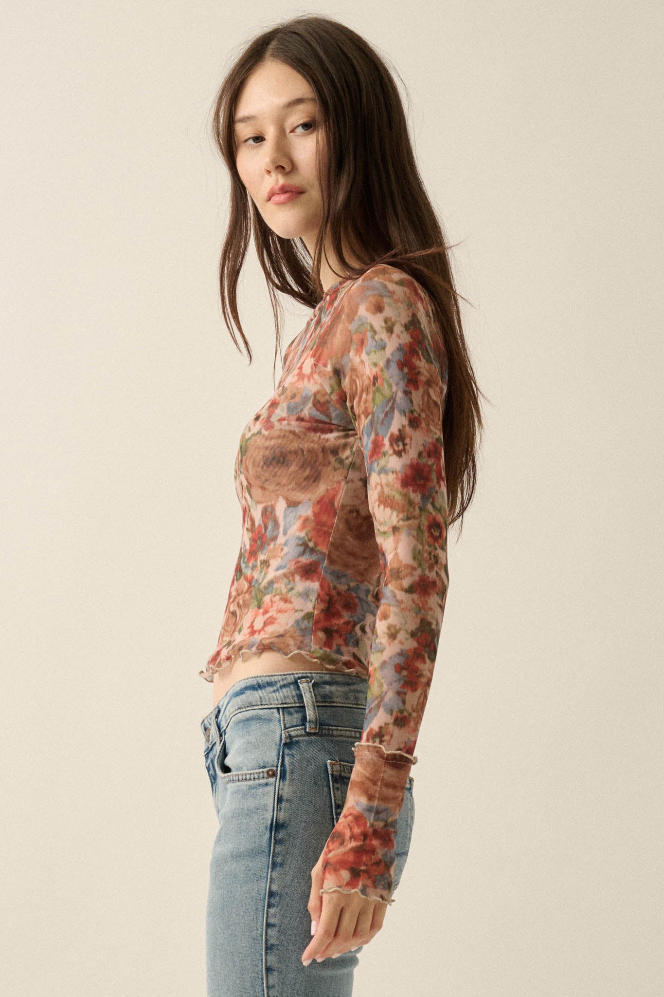 Blossoming Joy Floral Mesh Mock-Neck Thumbhole Top - ShopPromesa