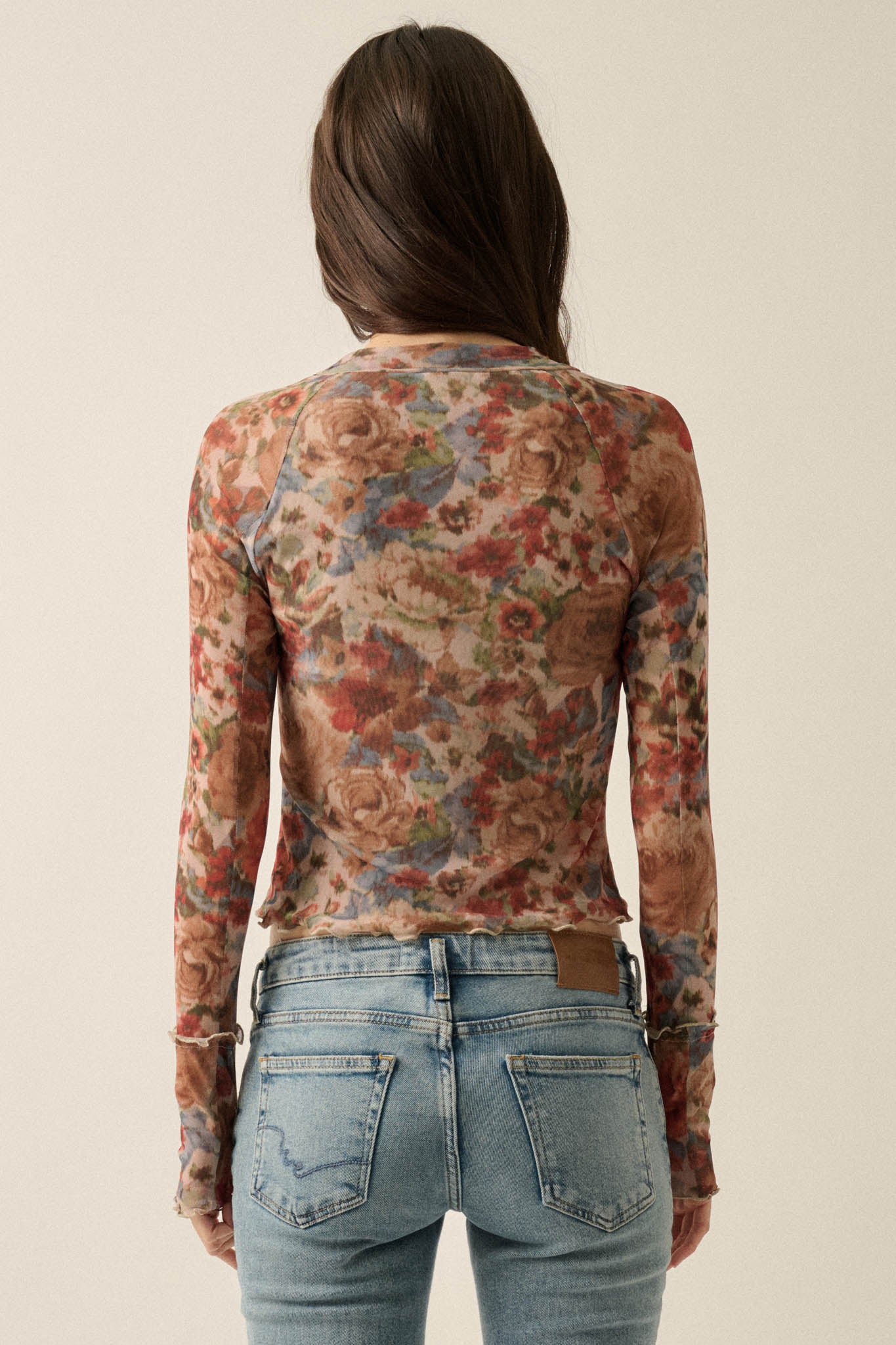Blossoming Joy Floral Mesh Mock-Neck Thumbhole Top - ShopPromesa
