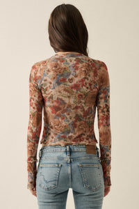 Blossoming Joy Floral Mesh Mock-Neck Thumbhole Top - ShopPromesa
