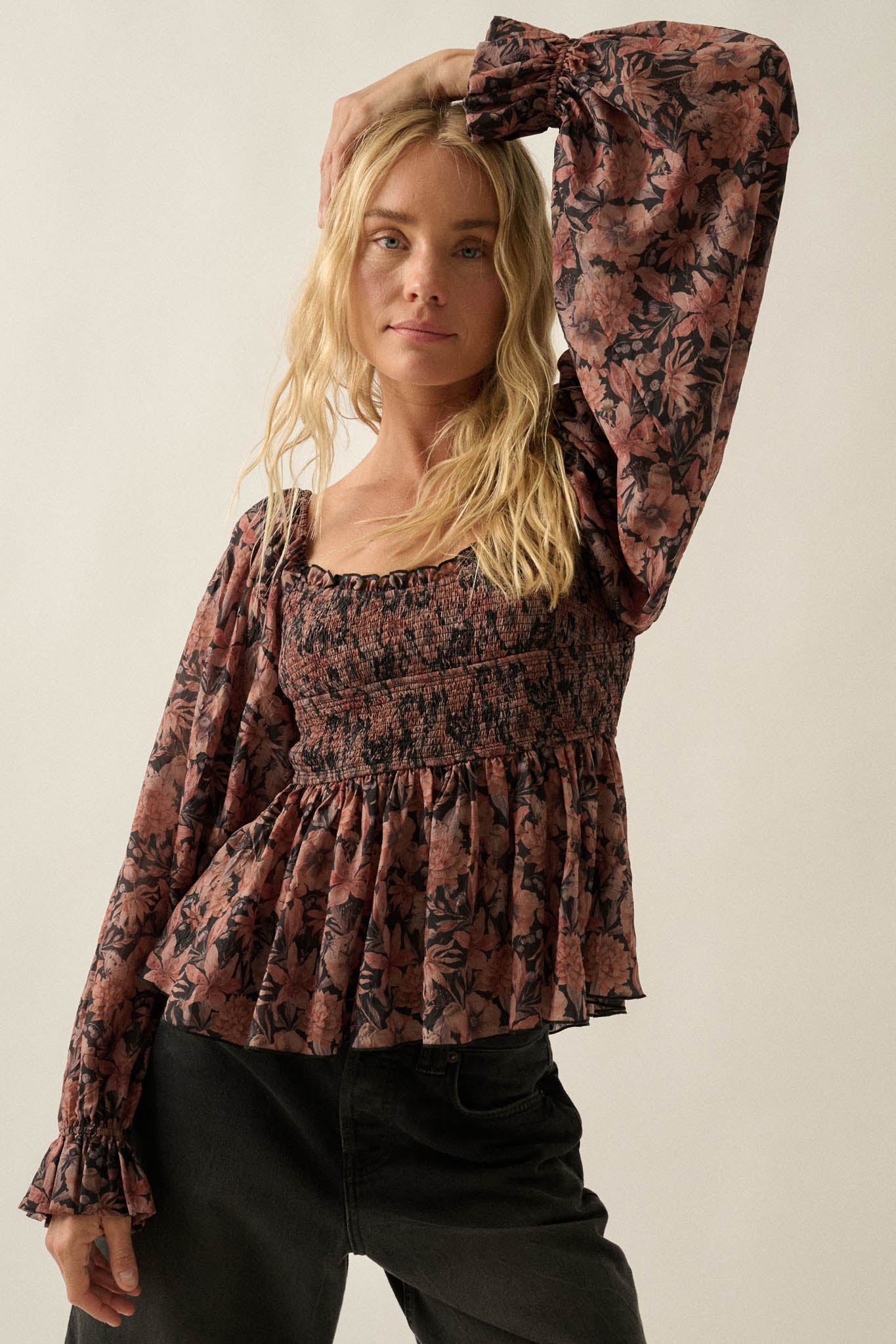Heavenly Scent Floral Chiffon Smocked Peplum Top - ShopPromesa
