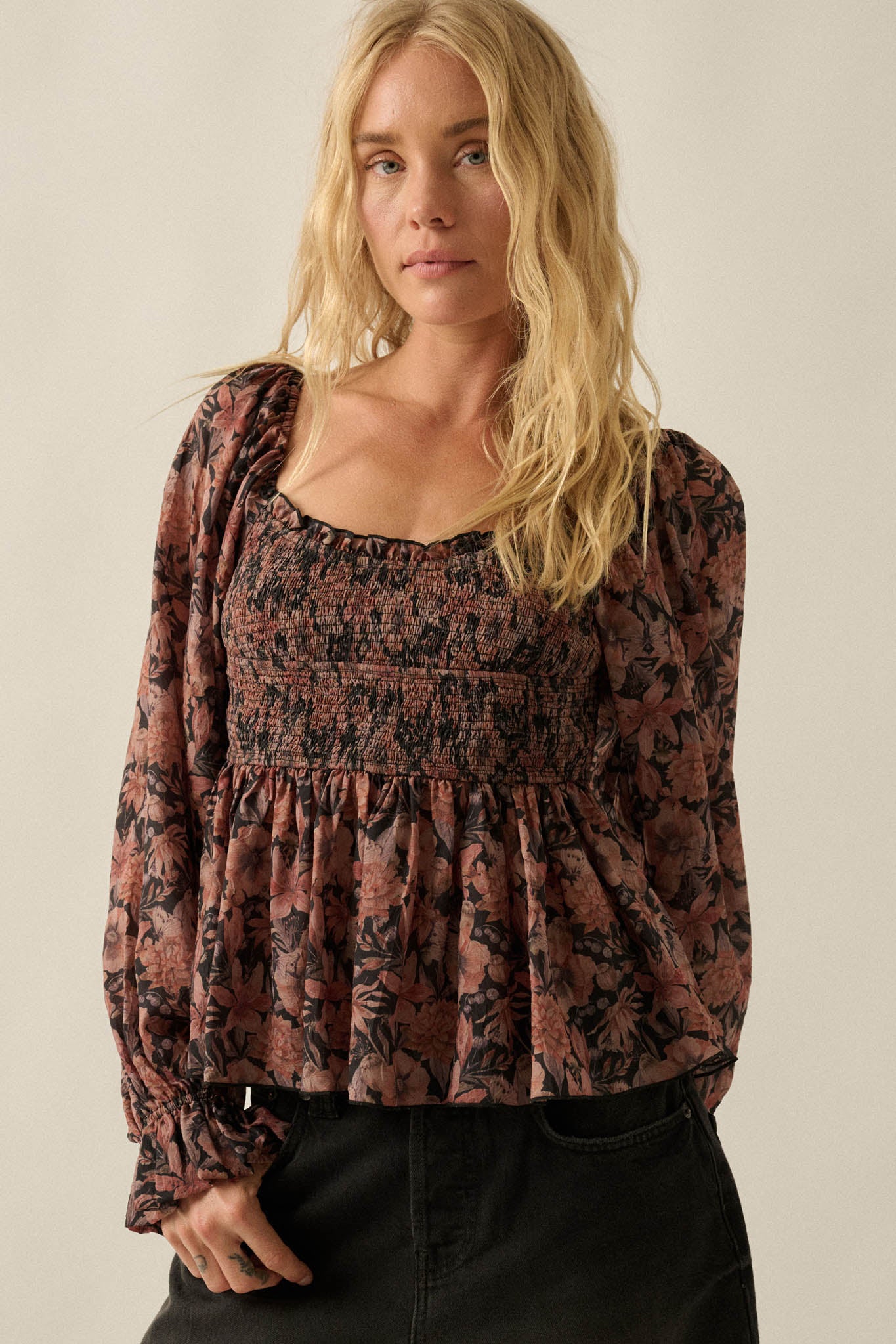 Heavenly Scent Floral Chiffon Smocked Peplum Top - ShopPromesa