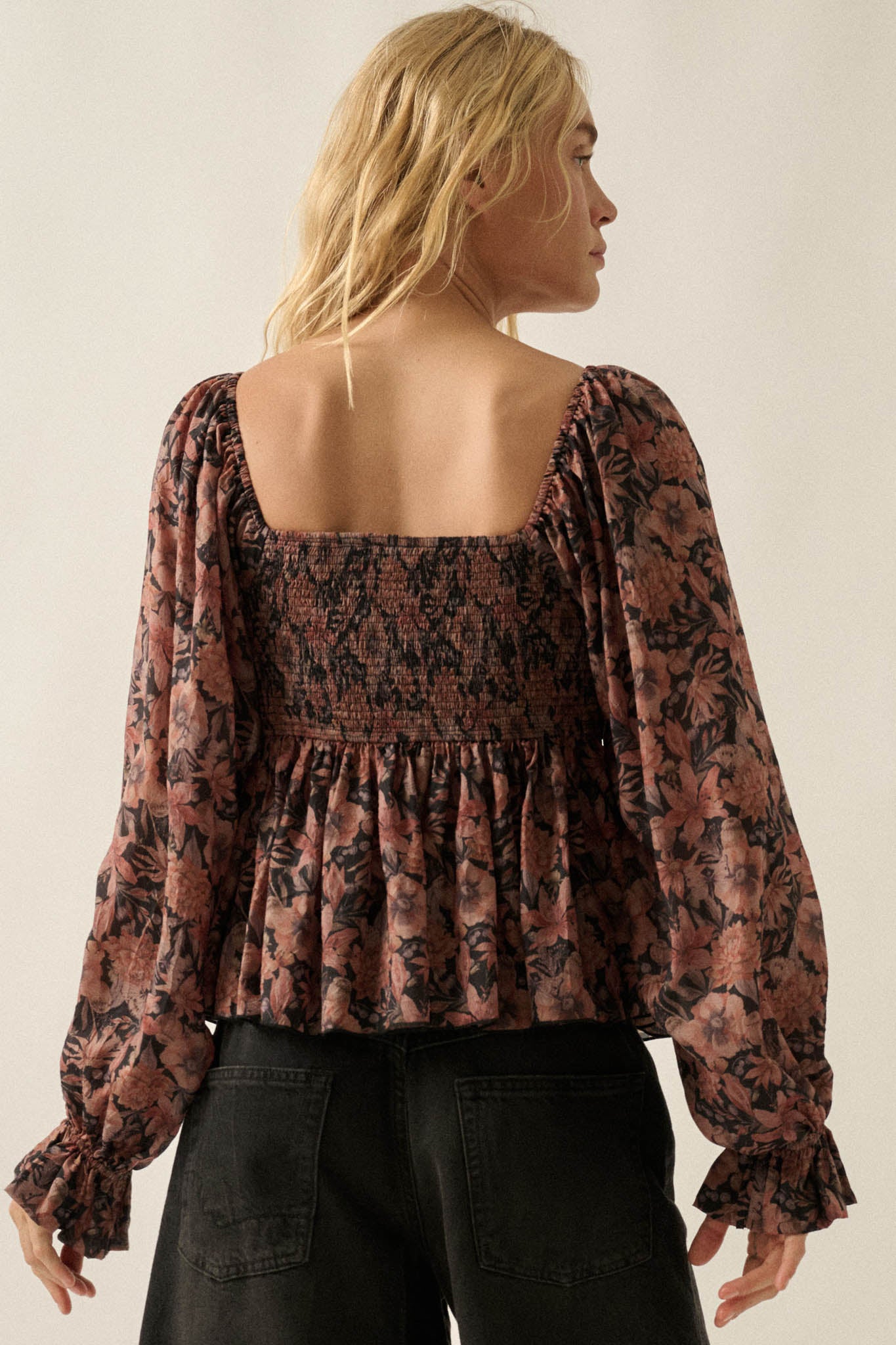 Heavenly Scent Floral Chiffon Smocked Peplum Top - ShopPromesa