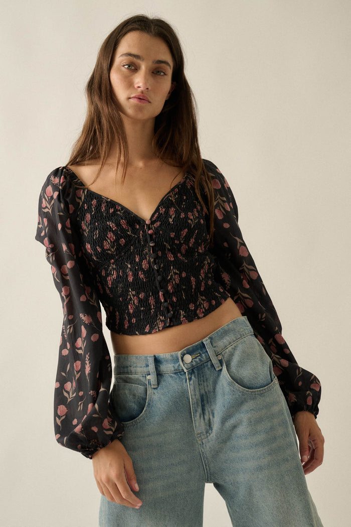Still Blooming Floral Smocked Sweetheart Peasant Top - ShopPromesa
