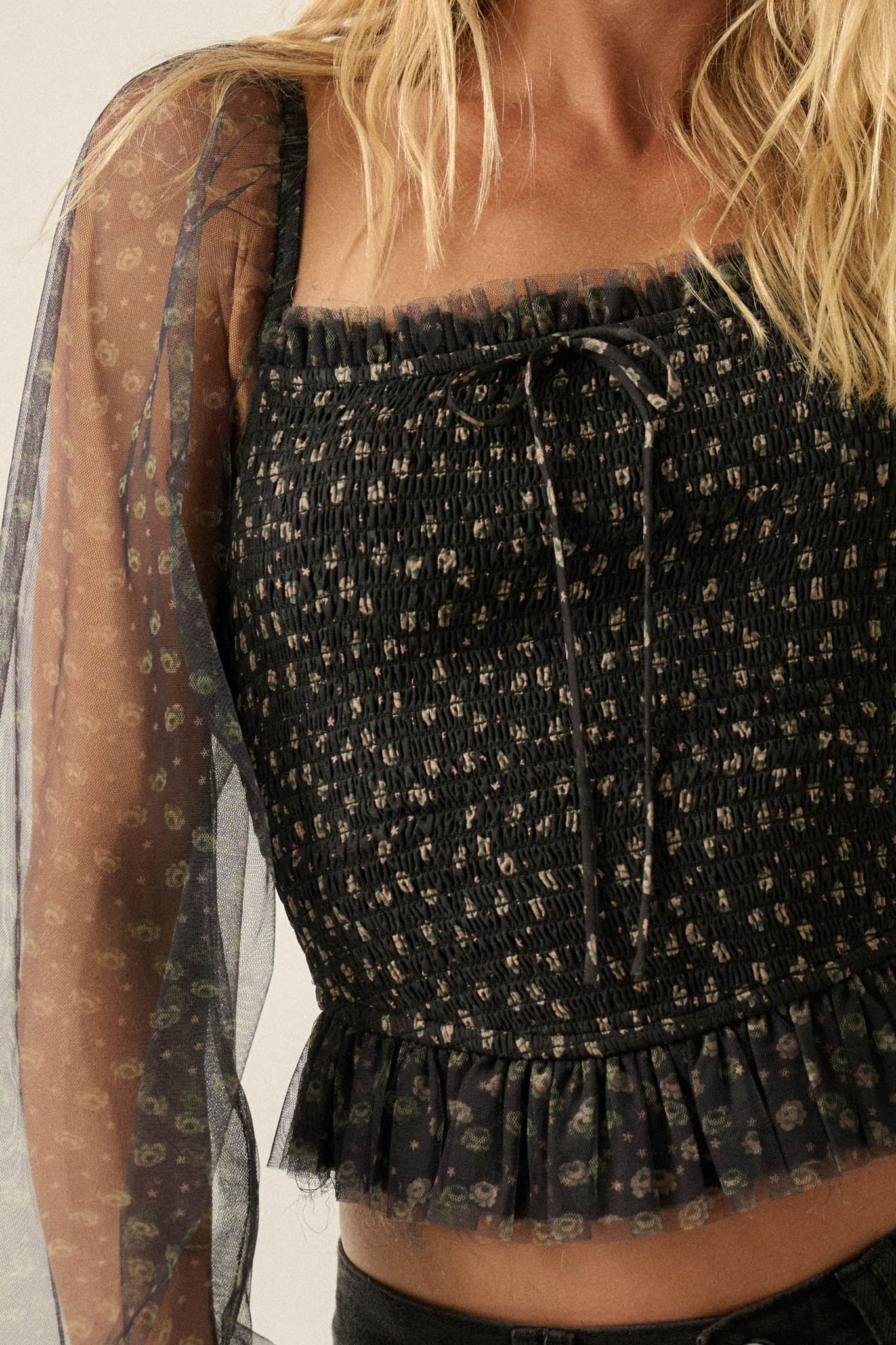 Surprise Party Floral Tulle Smocked Peasant Top - ShopPromesa