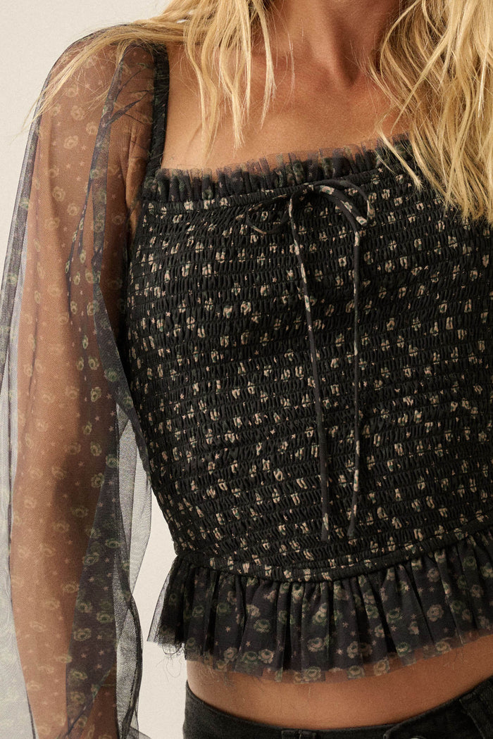 Surprise Party Floral Tulle Smocked Peasant Top - ShopPromesa