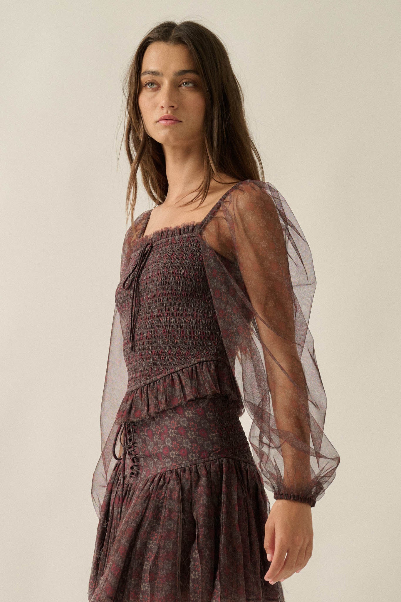 Adoring Beauty Floral Tulle Smocked Peasant Top - ShopPromesa