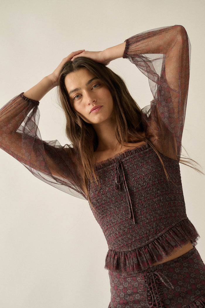 Adoring Beauty Floral Tulle Smocked Peasant Top - ShopPromesa