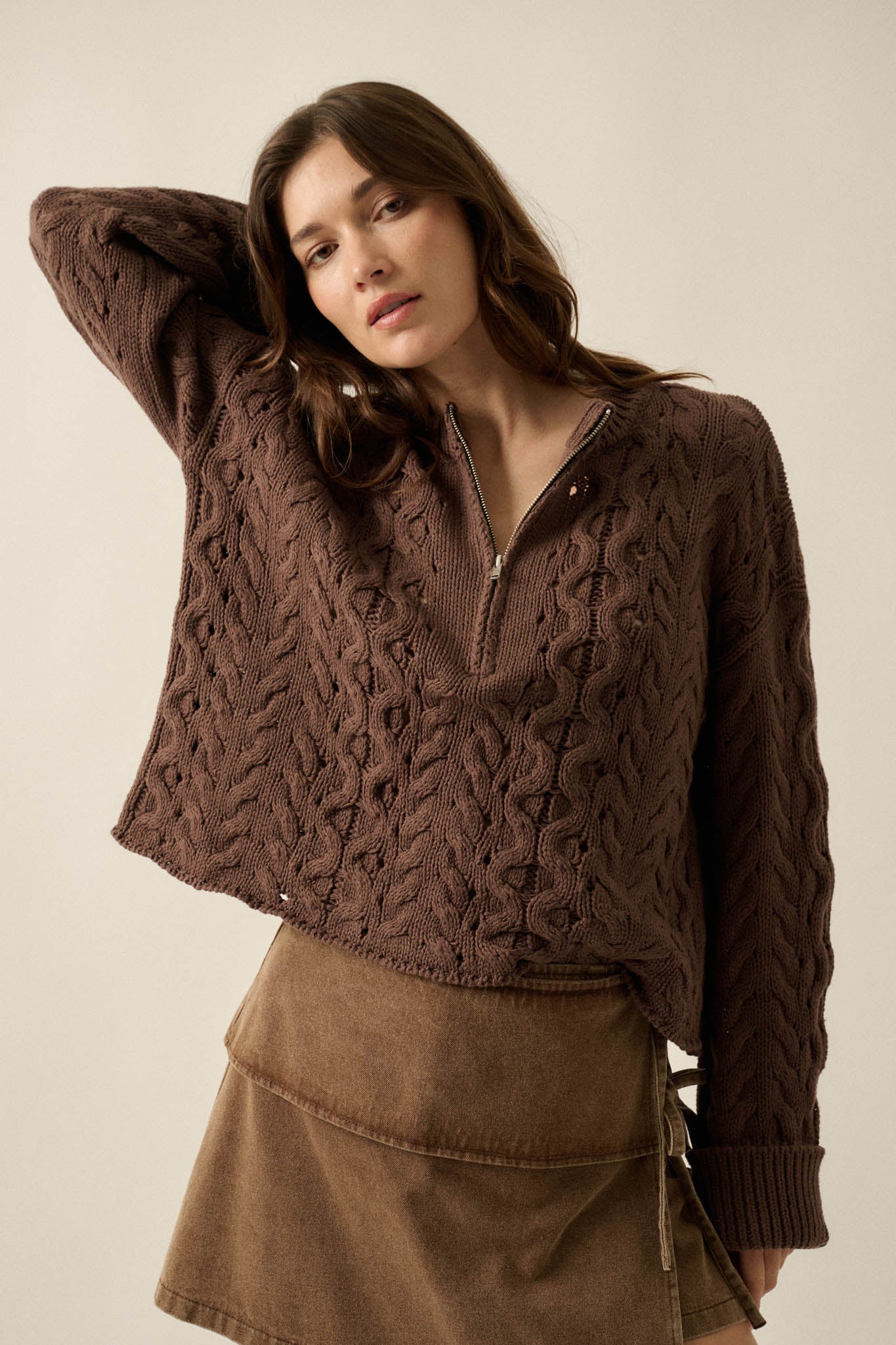 Free Time Cable-Knit Half-Zip Cuffed Sweater - ShopPromesa