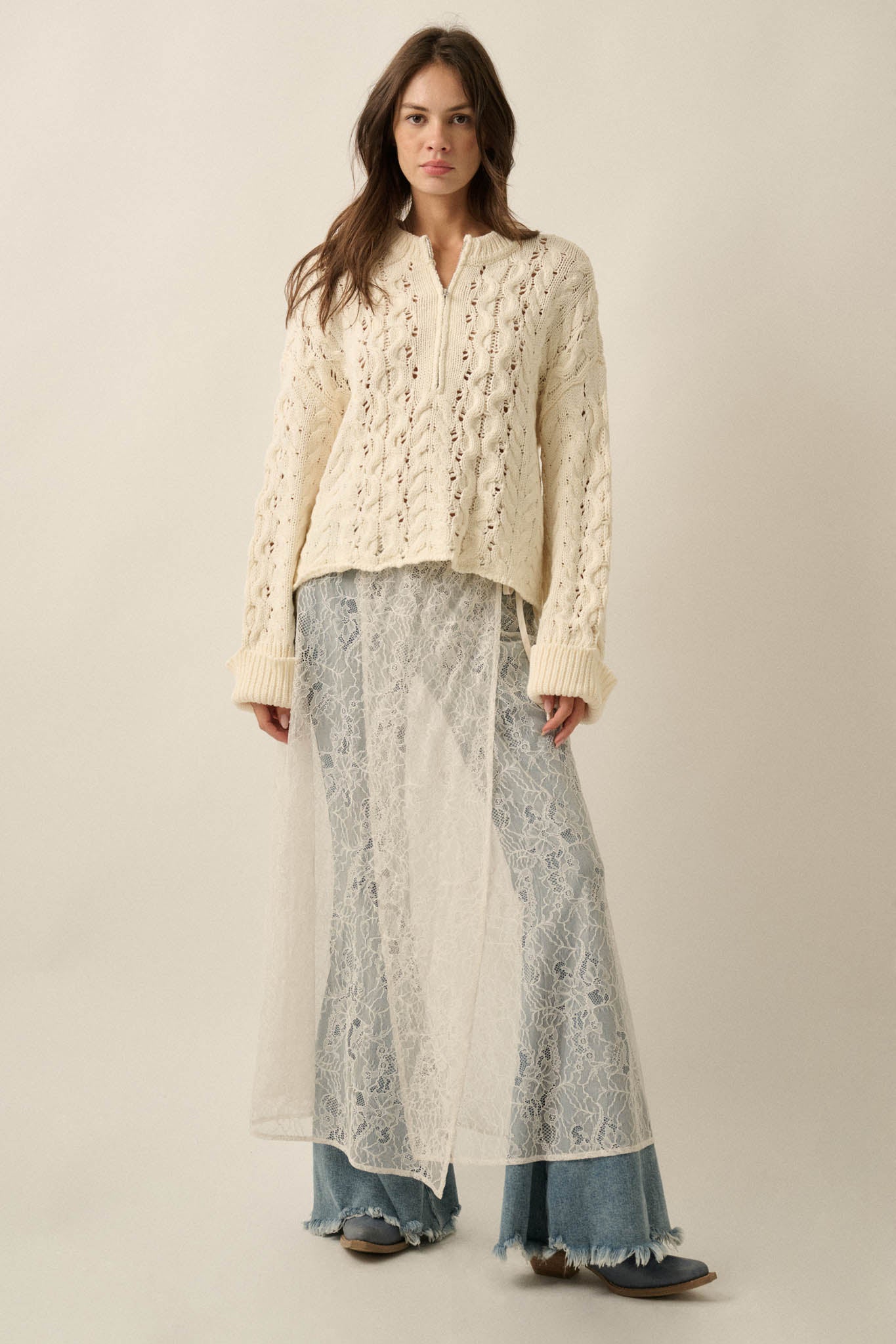 Free Time Cable-Knit Half-Zip Cuffed Sweater - ShopPromesa