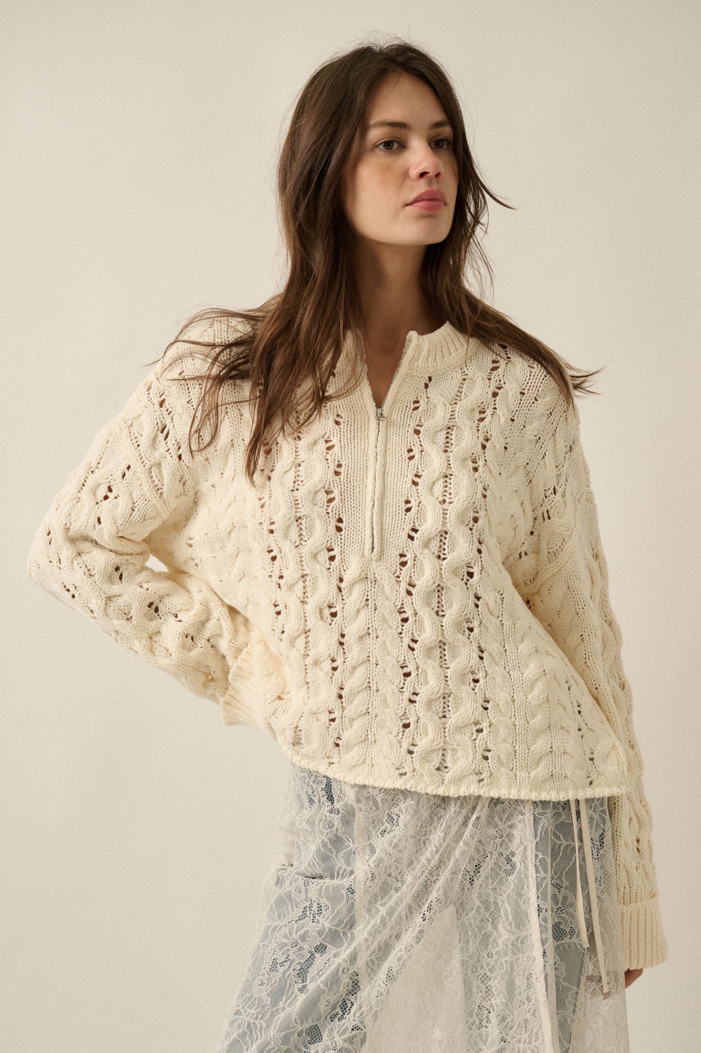 Free Time Cable-Knit Half-Zip Cuffed Sweater - ShopPromesa