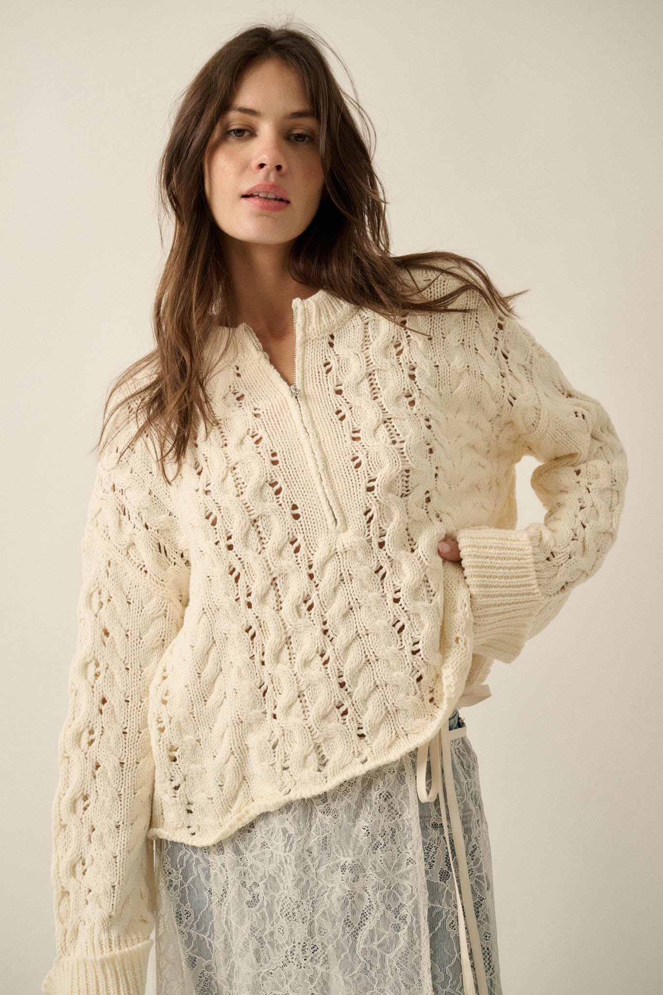 Free Time Cable-Knit Half-Zip Cuffed Sweater - ShopPromesa