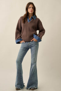 Too Easy Ribbed Knit and Denim Layered Sweater - ShopPromesa