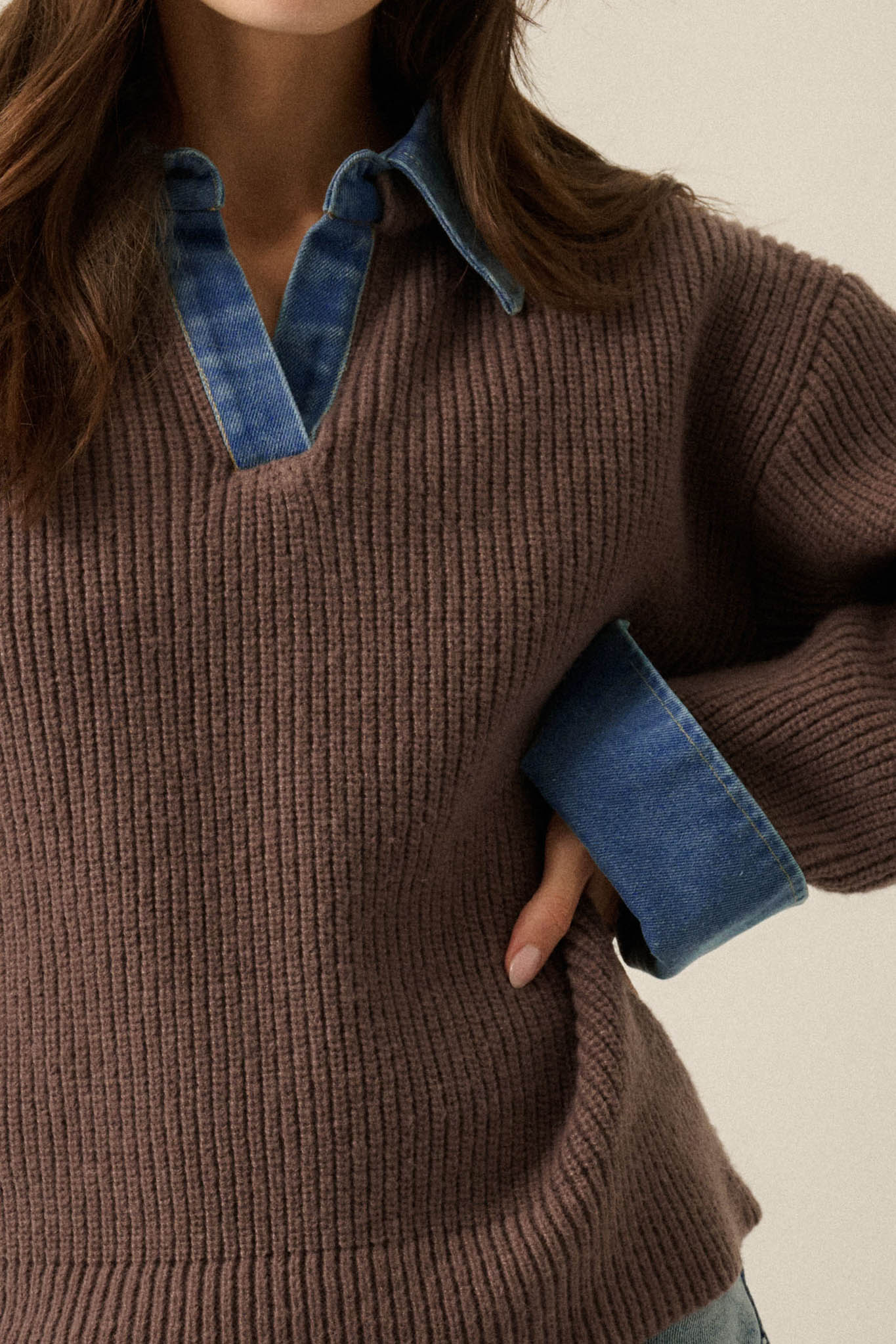 Too Easy Ribbed Knit and Denim Layered Sweater - ShopPromesa